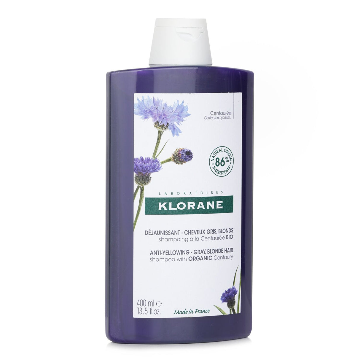 Klorane shampoo with organic centaury, enhances blonde and gray hair while neutralizing yellow tones for radiant shine.