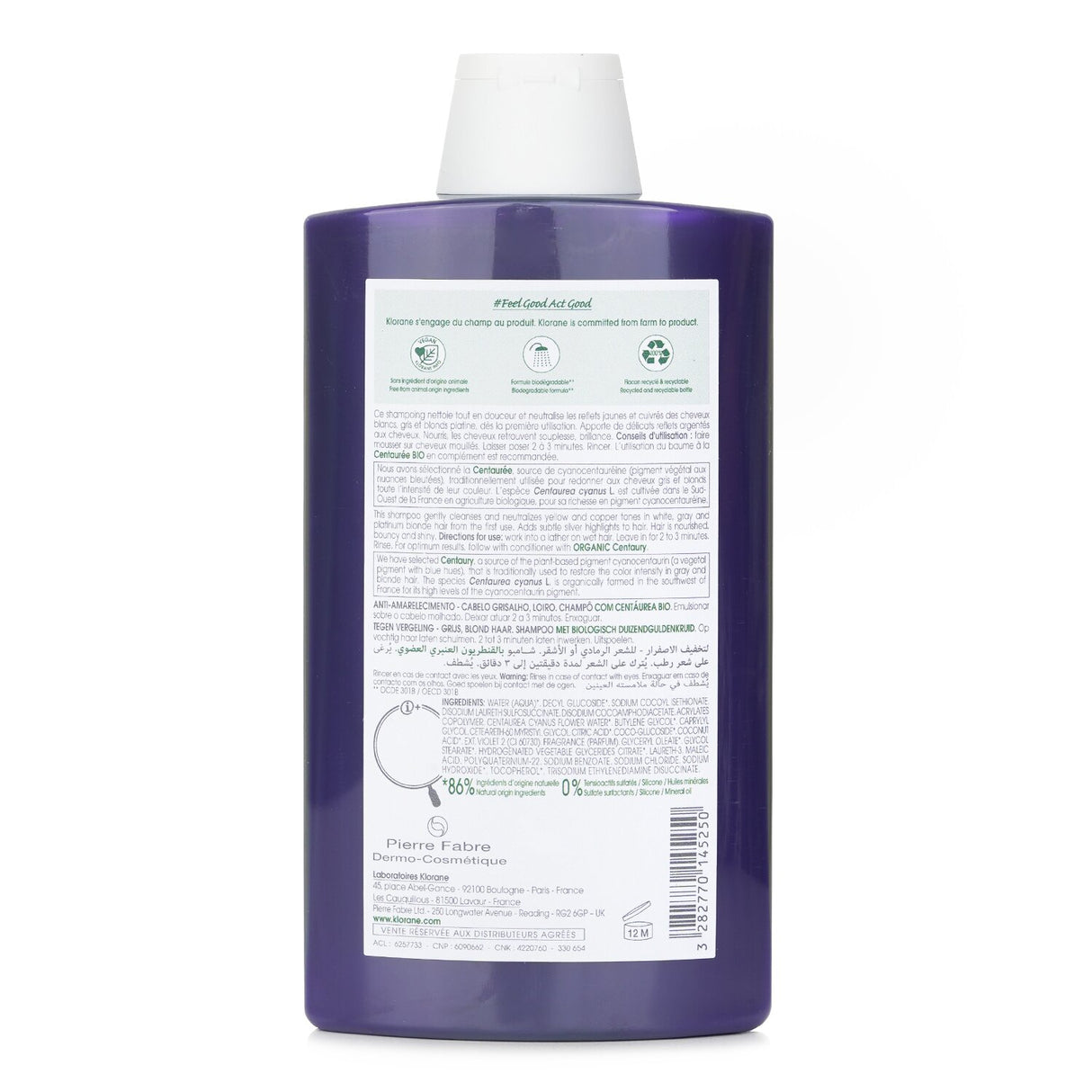 Klorane shampoo for gray and blonde hair, enriched with organic Centaury to neutralize yellow tones and enhance shine.