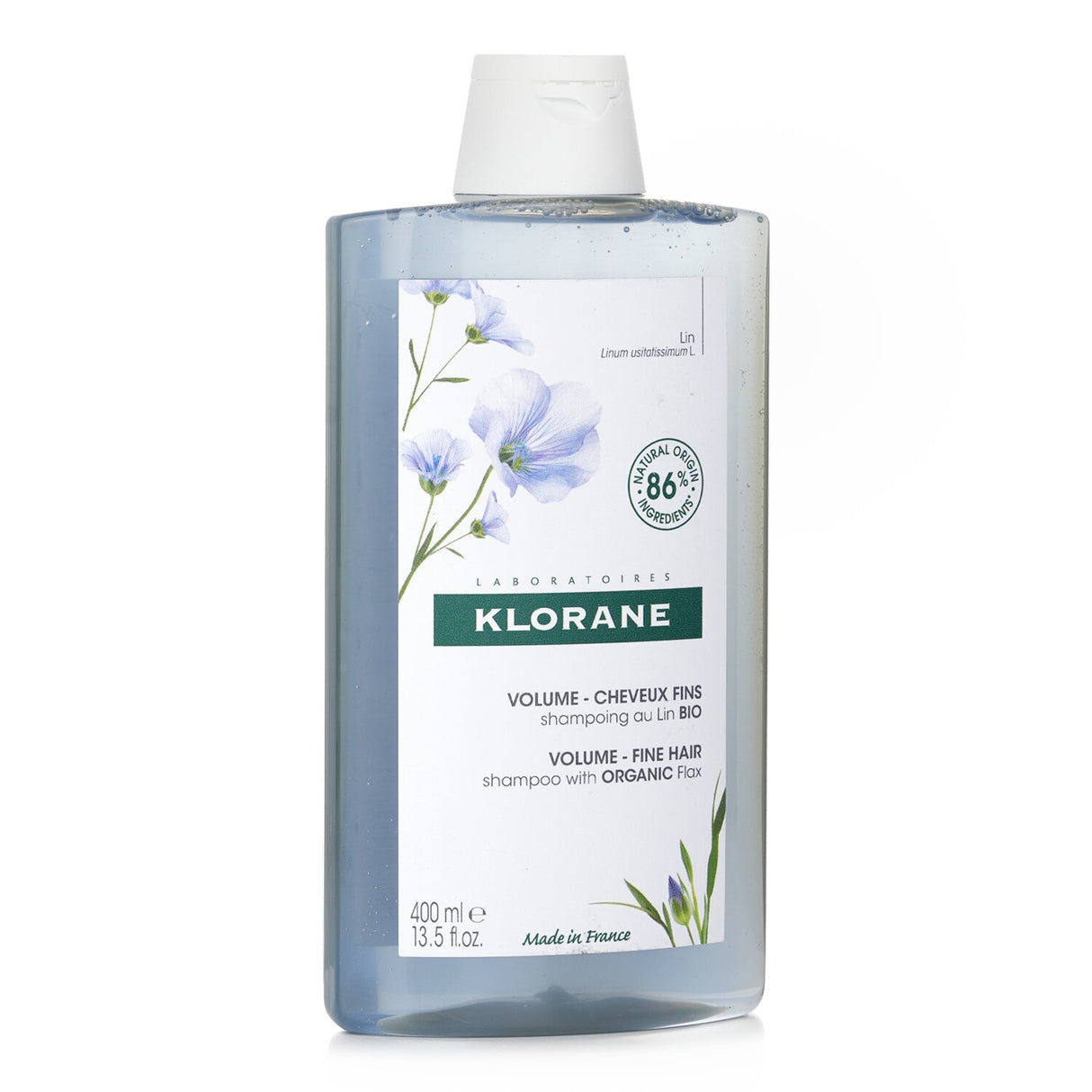 Klorane Shampoo with Organic Flax for fine hair, 400ml, enhances volume and texture without weighing hair down.