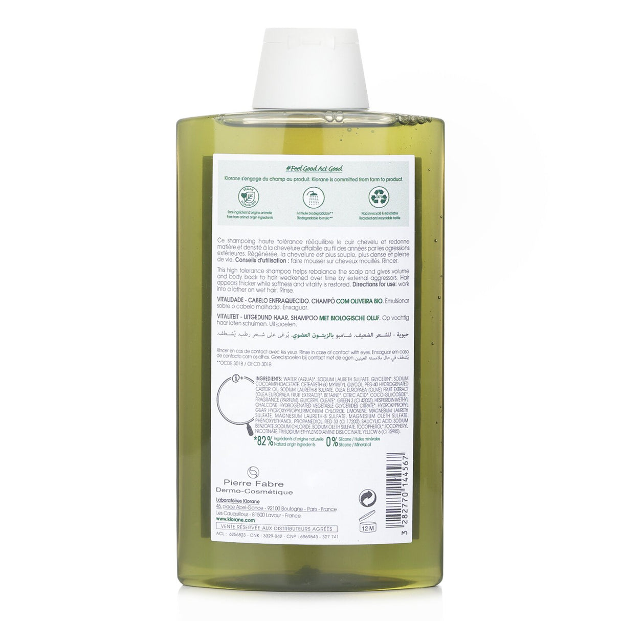 Revitalizing Klorane shampoo with organic olive for thickening and rejuvenating age-weakened hair, 400ml bottle.