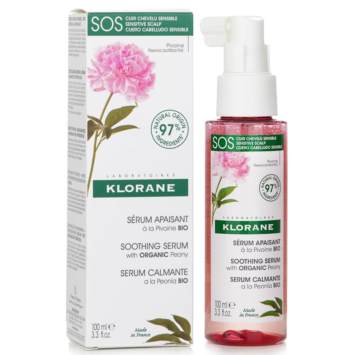 Klorane SOS Soothing Serum with Organic Peony, 100ml, offering immediate comfort for sensitive scalps with 97% natural ingredients.