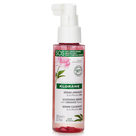 Klorane SOS Soothing Serum with Organic Peony, 100ml, calms sensitive scalps with a non-greasy, 97% natural formula.