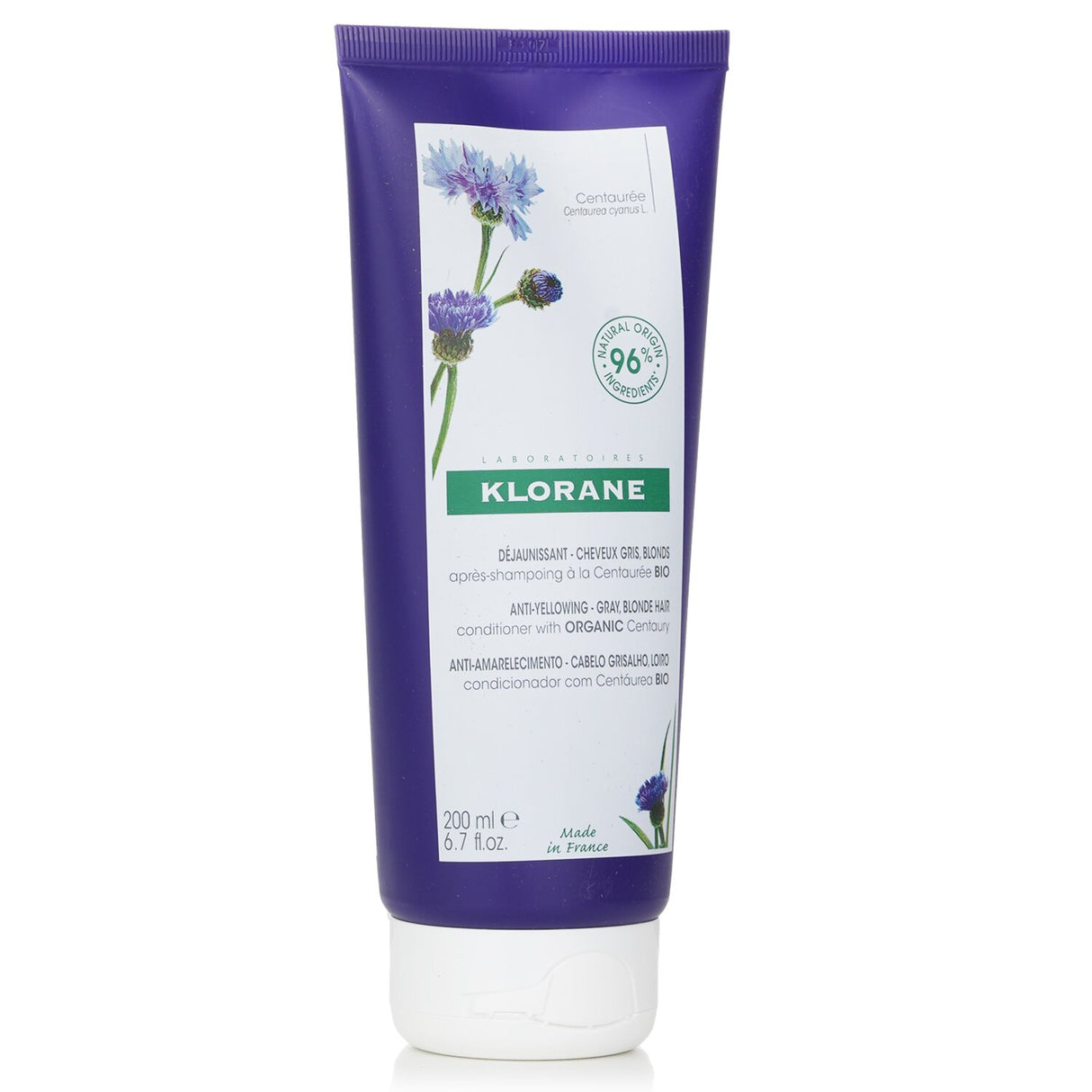 Klorane Conditioner with Organic Centaury for neutralizing yellow tones and enhancing shine in gray and blonde hair.