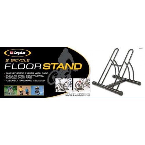 Bicycle floor stand made of black steel, holds 2 bikes, suitable for various sizes, with durable finish and assembly included.