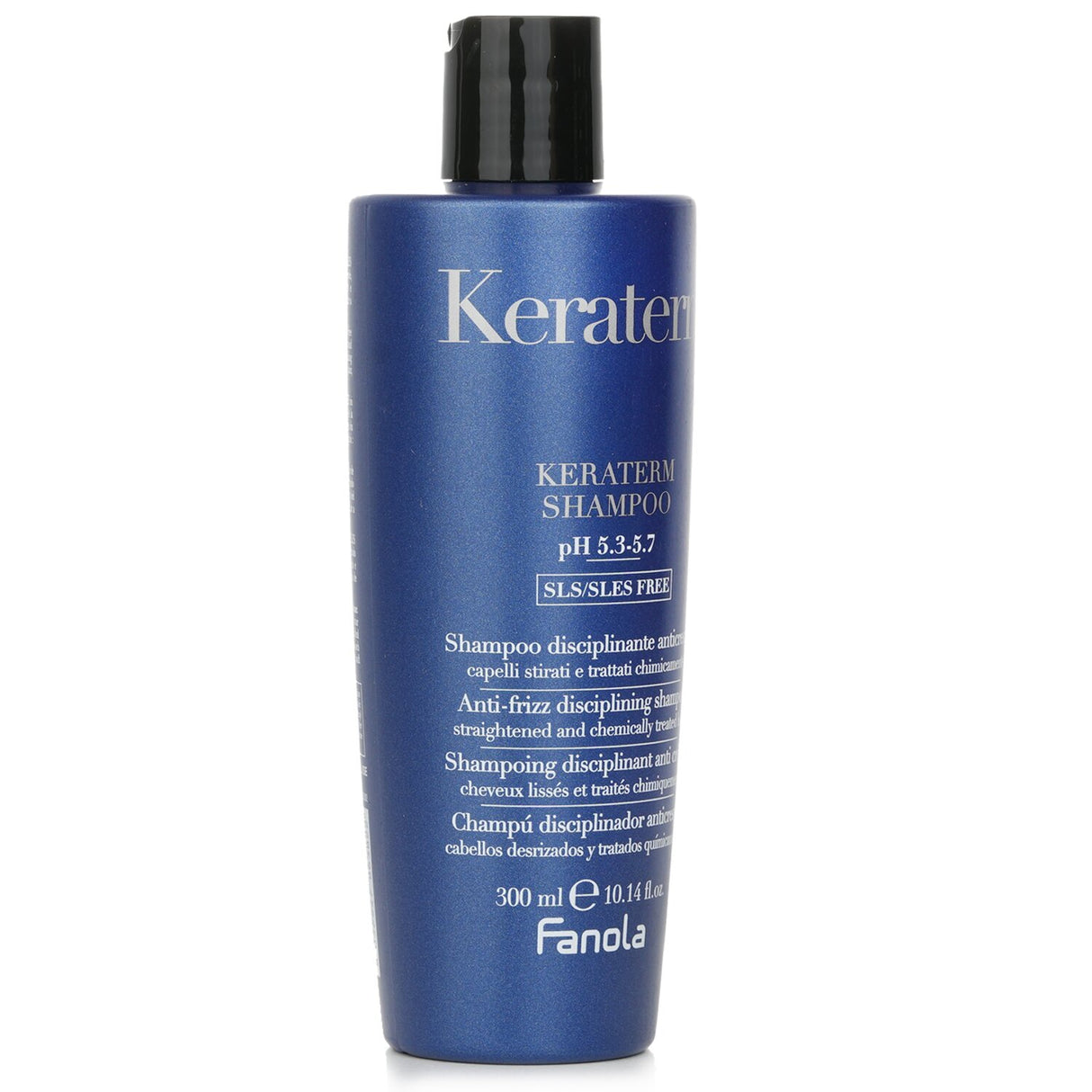 Fanola Keraterm Anti-Frizz Shampoo in a 300ml bottle for smooth, frizz-free hair, infused with Shea Butter and Keratin.