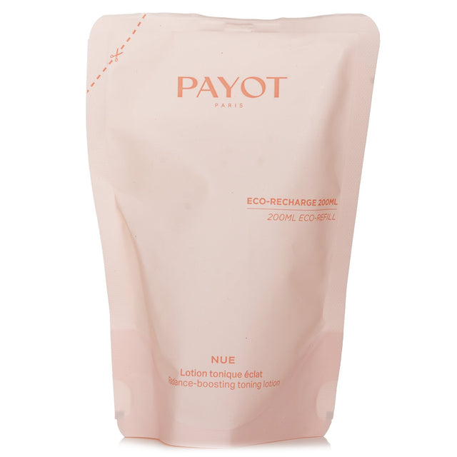 Revitalizing Payot Nue toning lotion refill, 98% natural, brightens skin, removes makeup, and refines texture, suitable for all skin types.