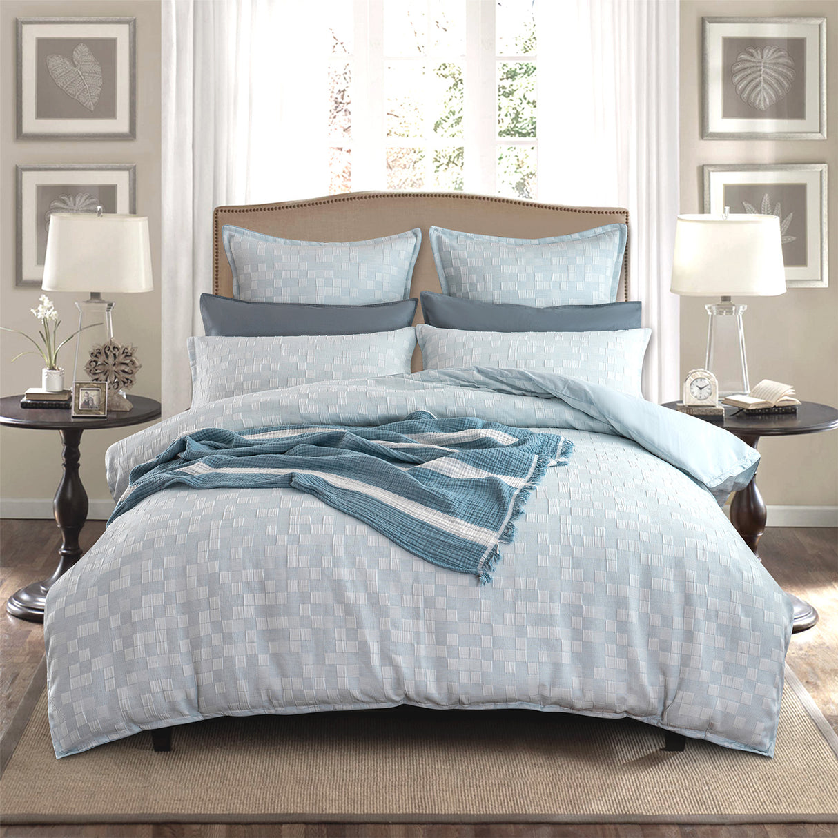 Renee Taylor Jervis Checks Jacquard Quilt Cover Set Queen French Blue