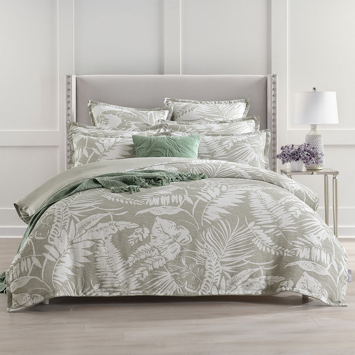 Renee Taylor Palm Tree Jacquard Quilt Cover Set Queen Sage Green