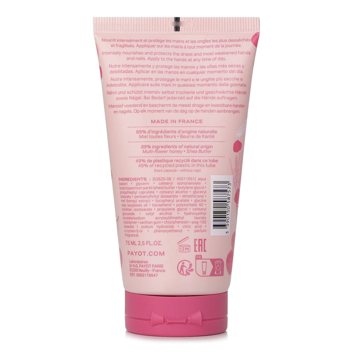 Luxurious 75ml hand cream with a velvety texture, enriched with honey for deep hydration and non-greasy nourishment.