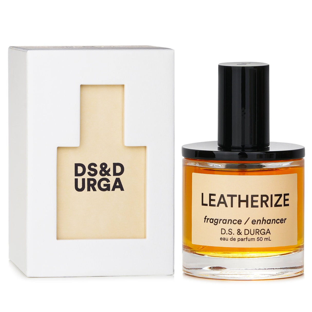 Luxurious D.S. & Durga Leatherize Eau De Parfum in a sleek 50ml bottle, featuring rich notes of leather, citrus, and myrrh.