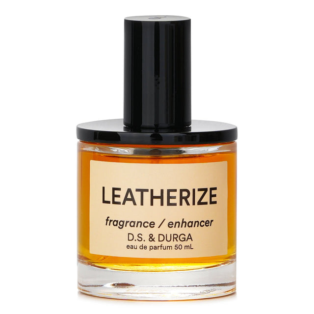 D.S. & Durga Leatherize Eau De Parfum in a 50ml bottle, featuring notes of Butterscotch Leather, Citrus, and Vegan Castoreum.