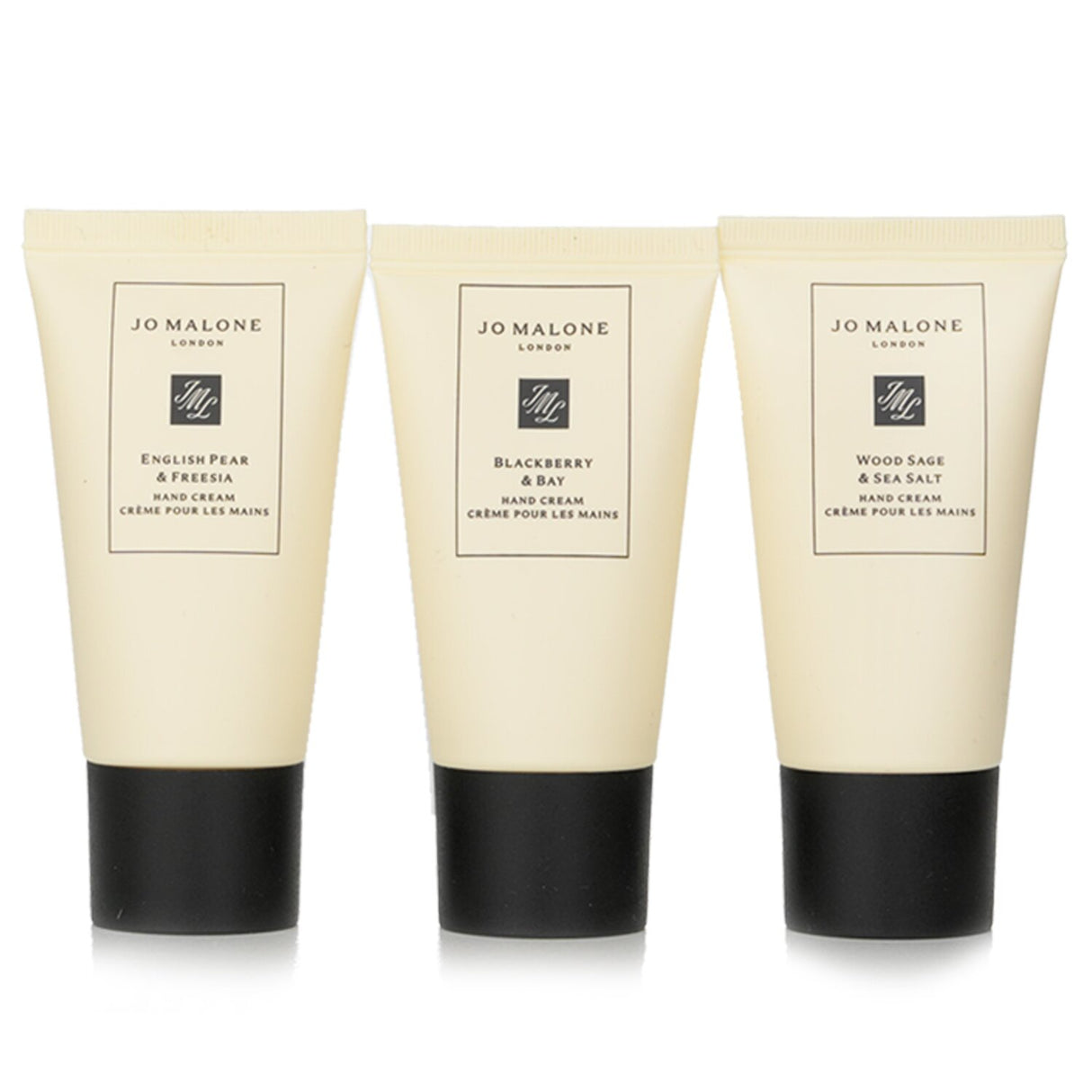 Luxurious Jo Malone Hand Cream Trio featuring 3x30ml scents: Wood Sage & Sea Salt, Blackberry & Bay, English Pear & Freesia.