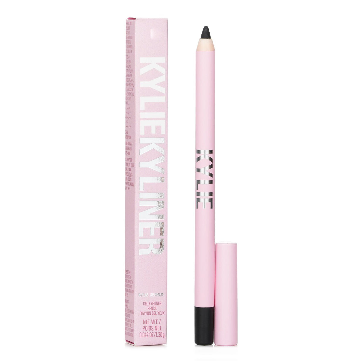 Kylie Jenner's Kyliner Gel Eyeliner Pencil in Black Matte, creamy formula for smooth application and 12-hour wear.