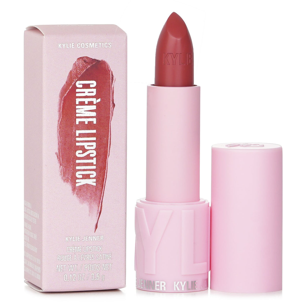 Kylie By Kylie Jenner's #510 Talk Is Cheap lipstick, a creamy formula for a rich satin finish and 8-hour hydration.