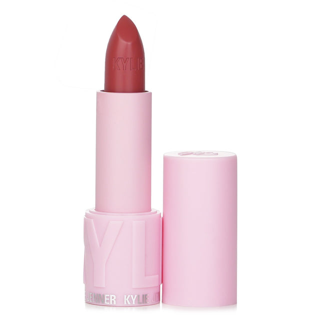 Creamy Kylie Jenner lipstick in #510 Talk Is Cheap; rich color, satin finish, hydrating, suitable for all skin tones.