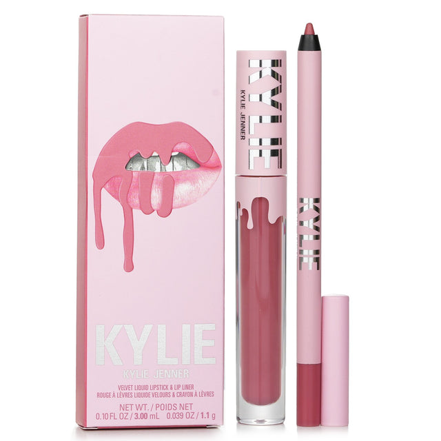 Kylie Velvet Lip Kit featuring rich liquid lipstick and matching lip liner for a stunning, long-lasting lip look.