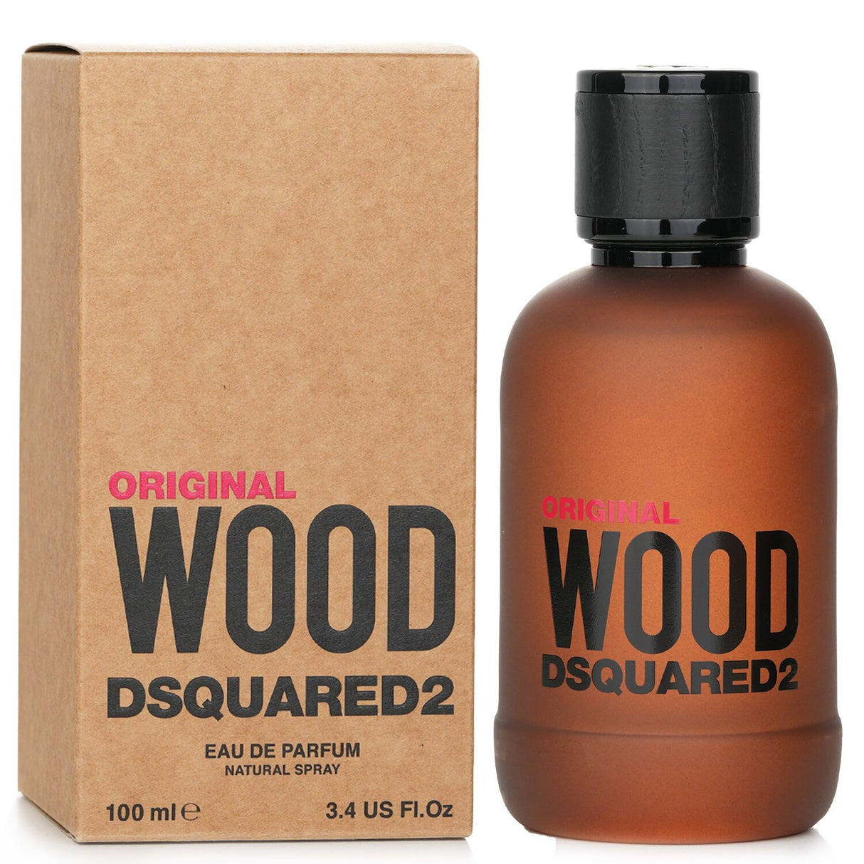 A 100ml bottle of Dsquared2 Original Wood Eau De Parfum, featuring a blend of citrus, woods, and earthy notes for modern masculinity.