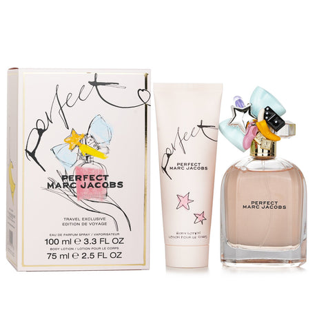 "Marc Jacobs Perfect Travel Exclusive Coffret featuring 100ml Eau De Parfum and 75ml Body Lotion for luxury on-the-go."