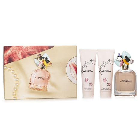 Set of Marc Jacobs Perfect Coffret featuring Eau De Parfum, Body Lotion, and Shower Gel for a luxurious fragrance experience.