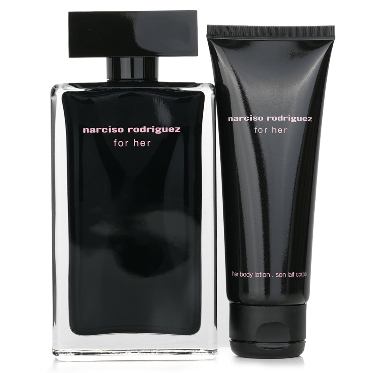 "Narciso Rodriguez For Her Eau De Toilette set with 100ml spray and 75ml lotion, blending floral and musky notes."