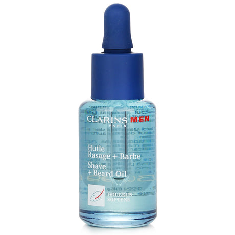 Clarins Men Shave + Beard Oil in a 30ml bottle, designed for softening beards and smoothing skin, perfect for all beard types.