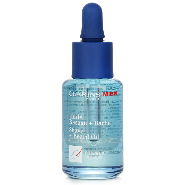 Clarins Men Shave + Beard Oil in a 30ml bottle, designed for softening beards and smoothing skin, perfect for all beard types.