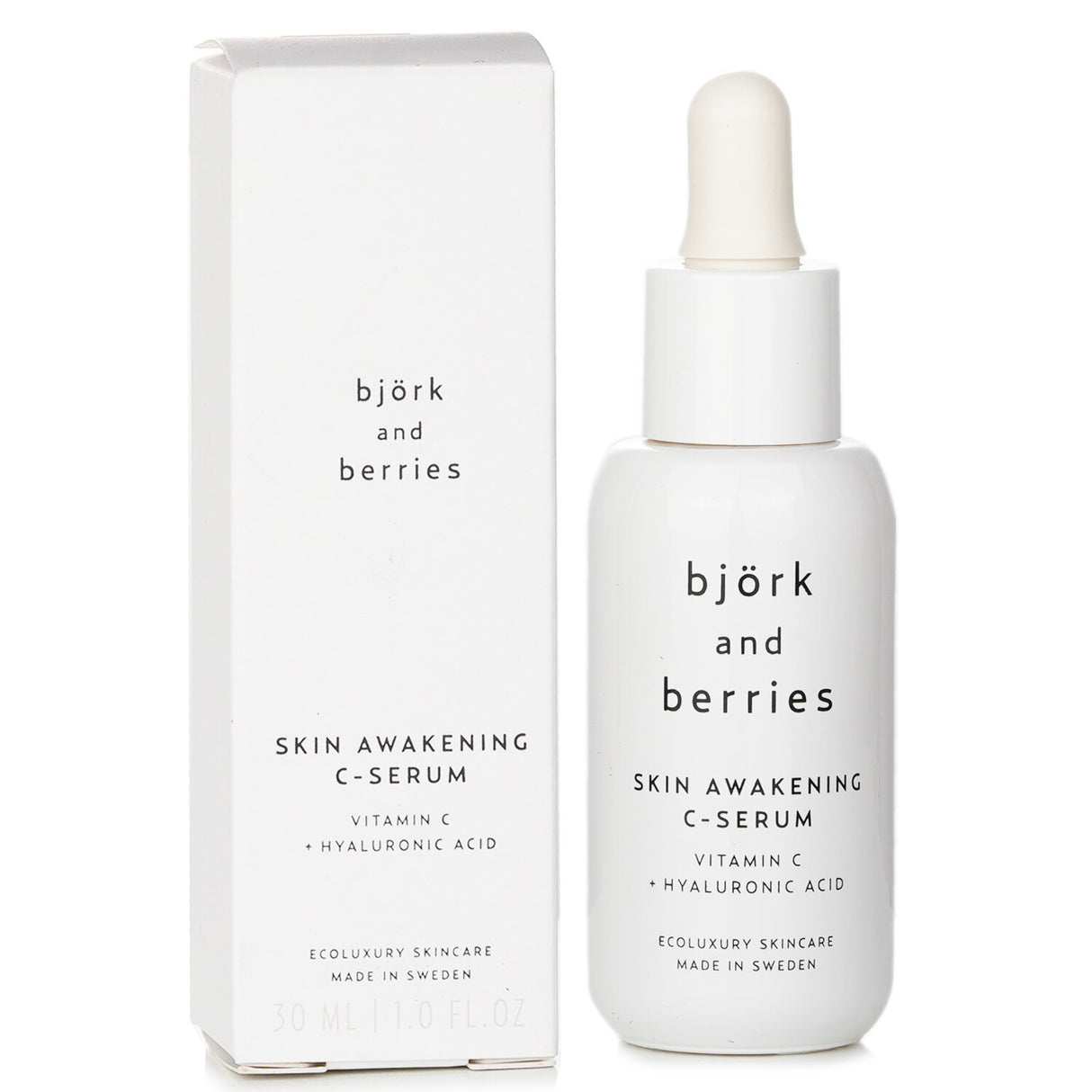 Bjork & Berries Skin Awakening C Serum in a 30ml bottle, featuring Vitamin C and Hyaluronic Acid for radiant, hydrated skin.