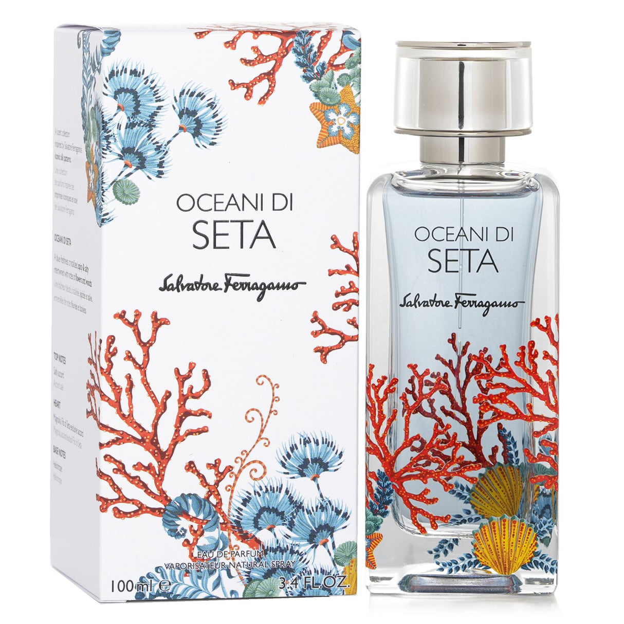 Oceani Di Seta Eau De Parfum Spray by Salvatore Ferragamo, 100ml bottle, blends aquatic and floral notes for a serene fragrance.