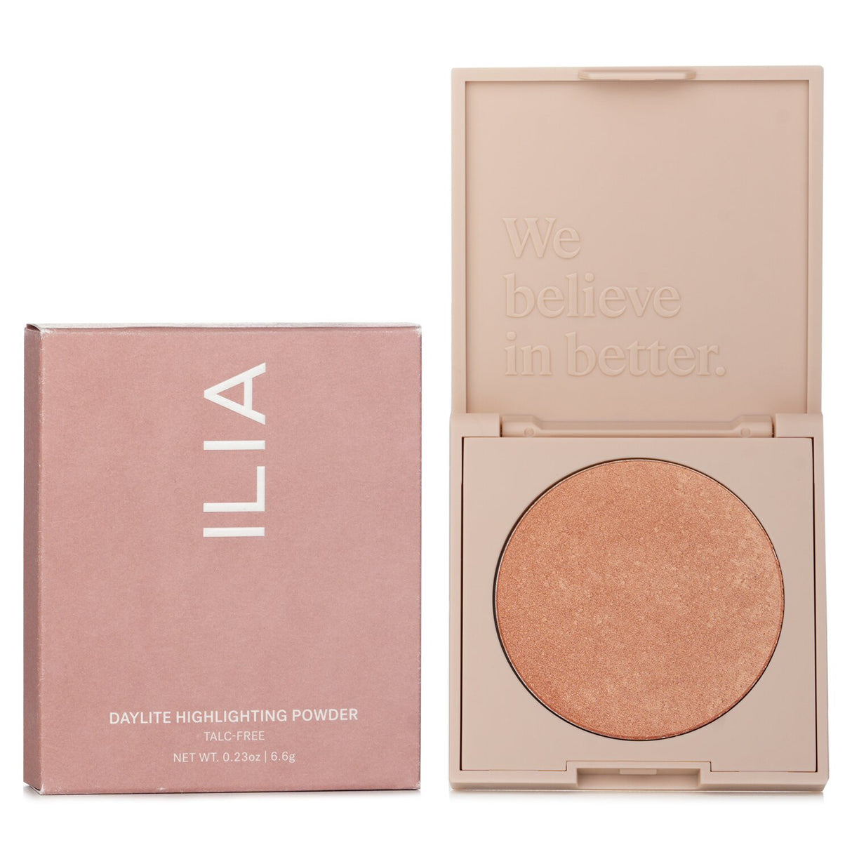 Rose gold highlighting powder from ILIA, finely milled for luminous glow, perfect for enhancing cheekbones and brow bones.