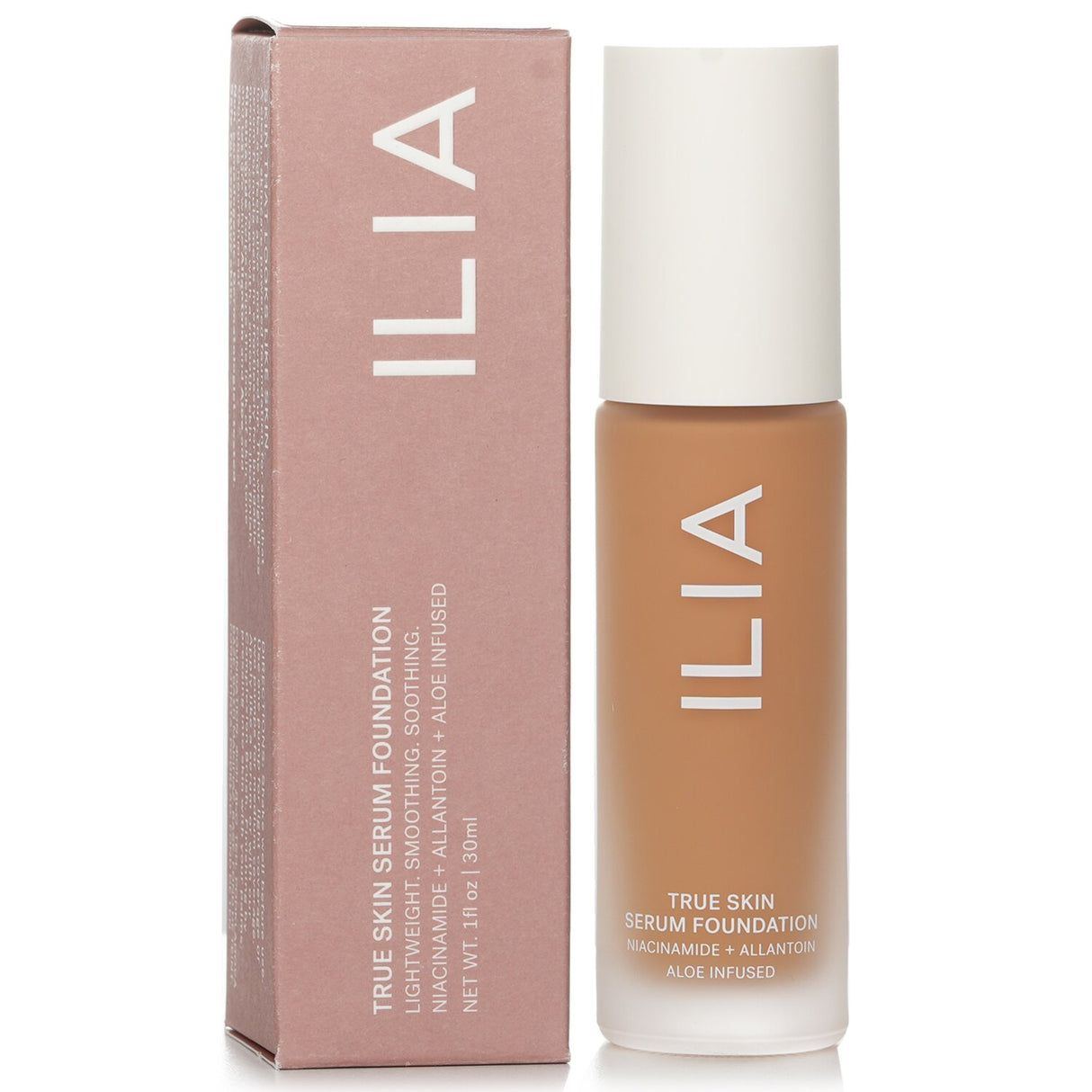 ILIA True Skin Serum Foundation in # SF8 Bedarra, a lightweight formula that blends skincare and natural coverage for radiant skin.