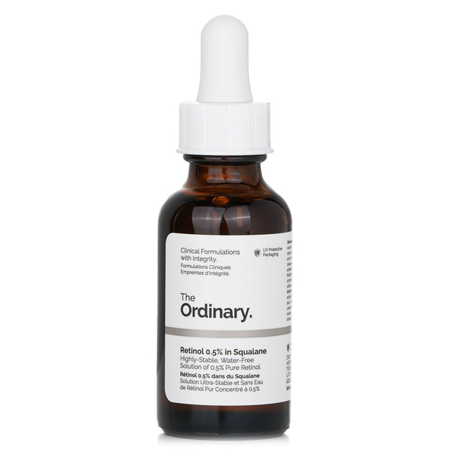 Anti-aging serum featuring 0.5% retinol in squalane, enhancing skin texture, hydration, and luminosity in a 30ml bottle.