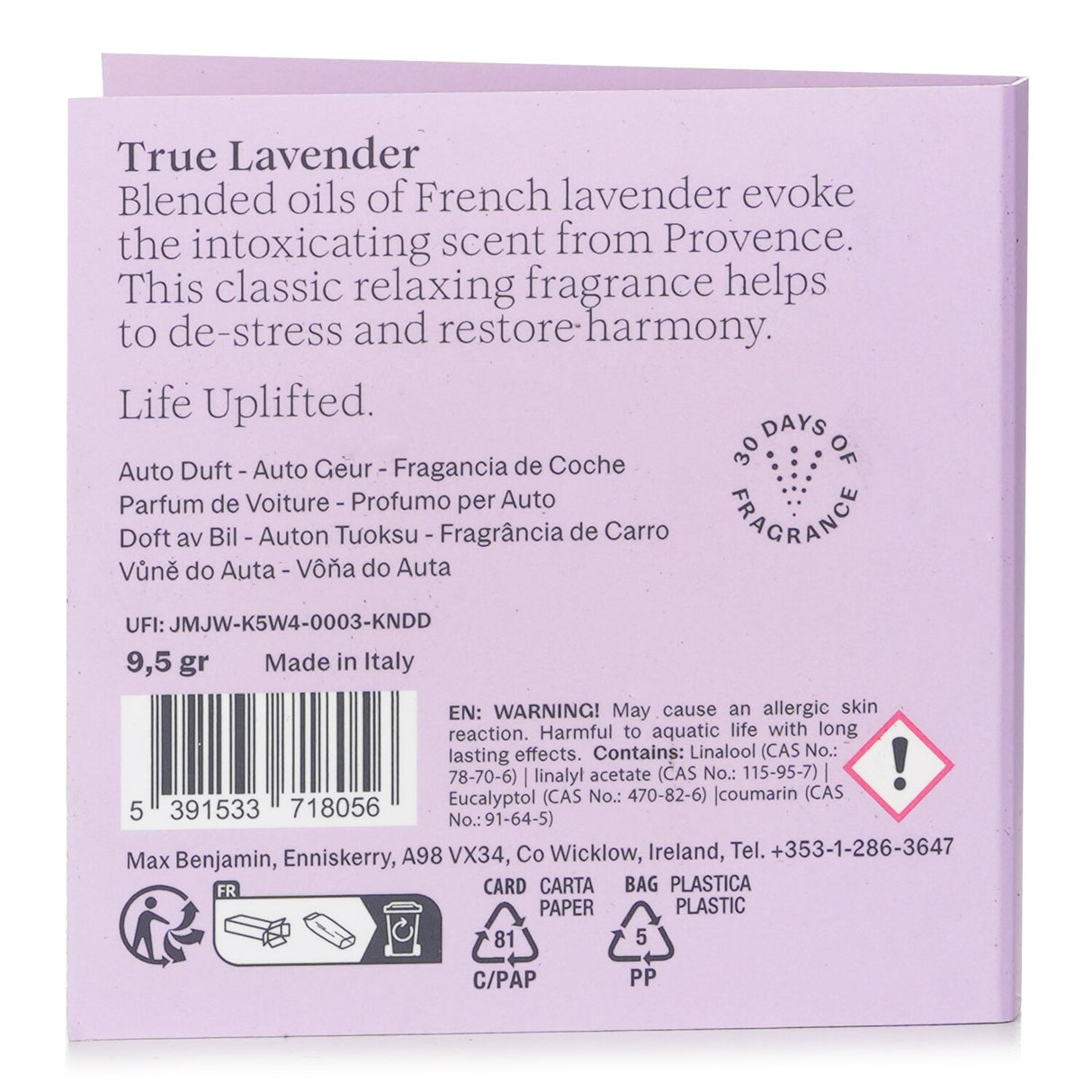 Max Benjamin True Lavender car fragrance refill promoting relaxation with soothing lavender scent, ideal for stress-free driving.