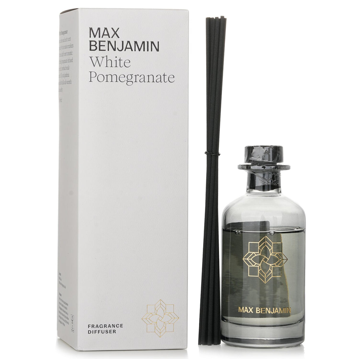 Luxurious Max Benjamin White Pomegranate Diffuser, 150ml, offers an exotic scent blend of pomegranate, rosebud, and vanilla for home ambiance.