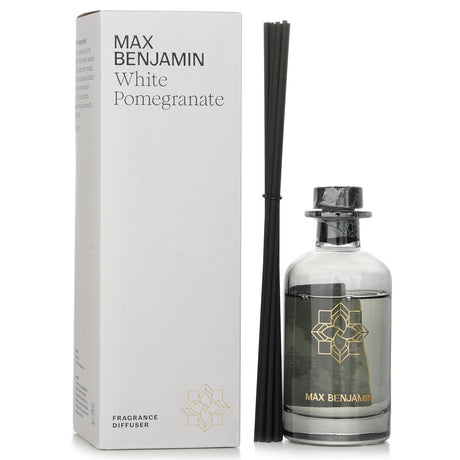 Luxurious Max Benjamin White Pomegranate Diffuser, 150ml, offers an exotic scent blend of pomegranate, rosebud, and vanilla for home ambiance.