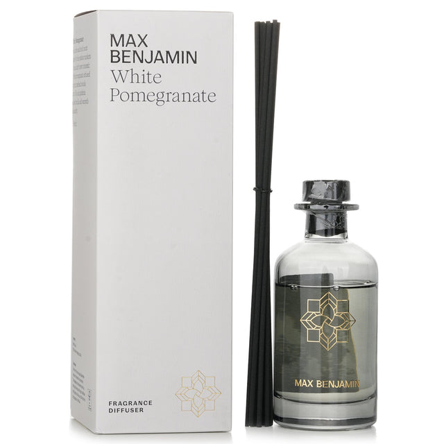 Luxurious Max Benjamin White Pomegranate Diffuser, 150ml, offers an exotic scent blend of pomegranate, rosebud, and vanilla for home ambiance.