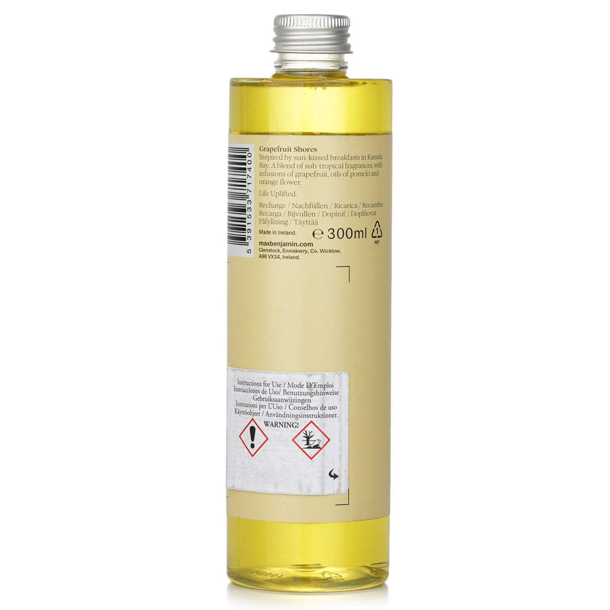 Max Benjamin Grapefruit Shores 300ml refill, featuring invigorating grapefruit, pomelo, and orange flower scents for a refreshing ambiance.