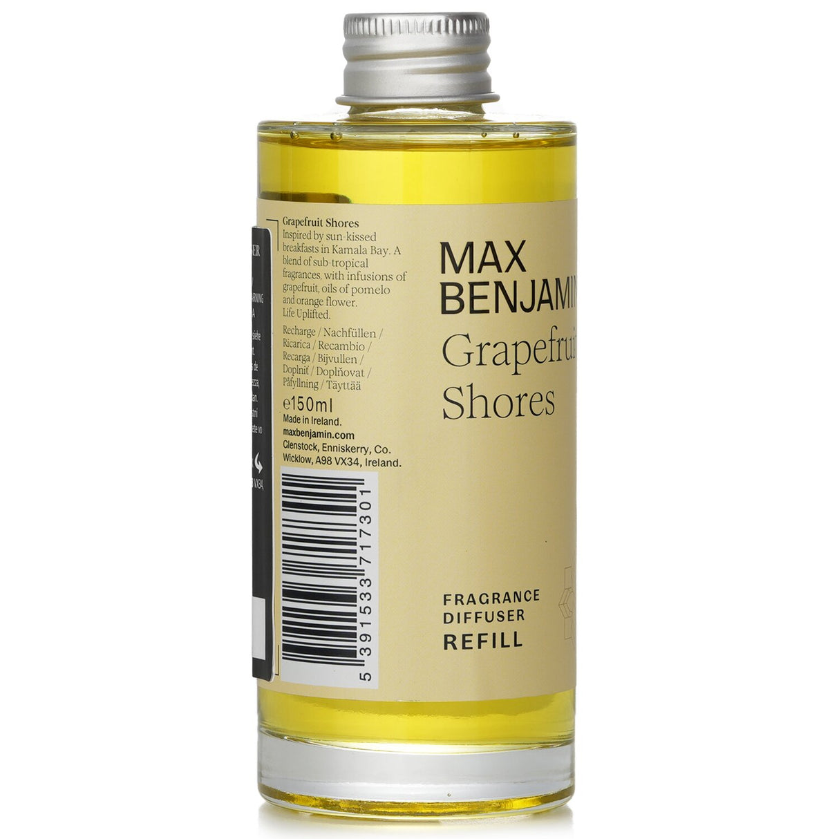 Max Benjamin Grapefruit Shores Diffuser Refill in 150ml, featuring vibrant grapefruit and citrus aromas for a refreshing ambiance.