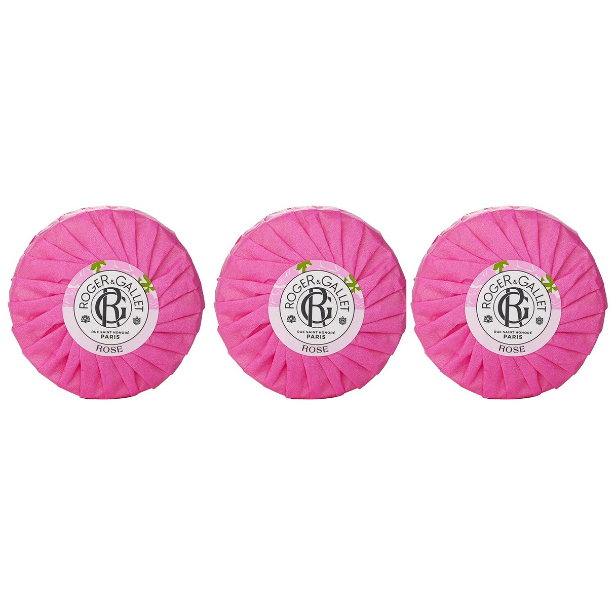 Luxurious Roger & Gallet Rose Wellbeing Soap Coffret with three 100g bars, infused with rose for soft, scented skin.