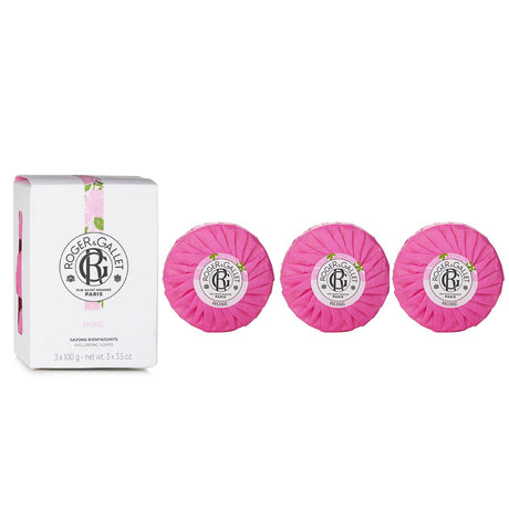 Luxurious Roger & Gallet Rose Soap Coffret with three 100g bars, infused with rose essence for sensitive skin nourishment.