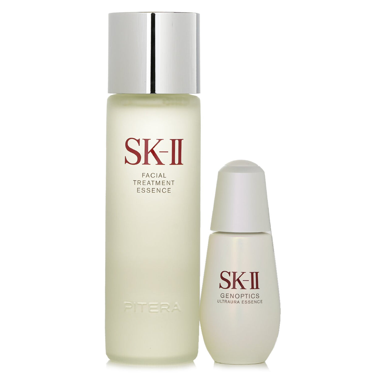 SK II Ultraura Care Essentials Collection featuring Facial Treatment Essence and Genoptics Ultraura Essence for radiant skin.