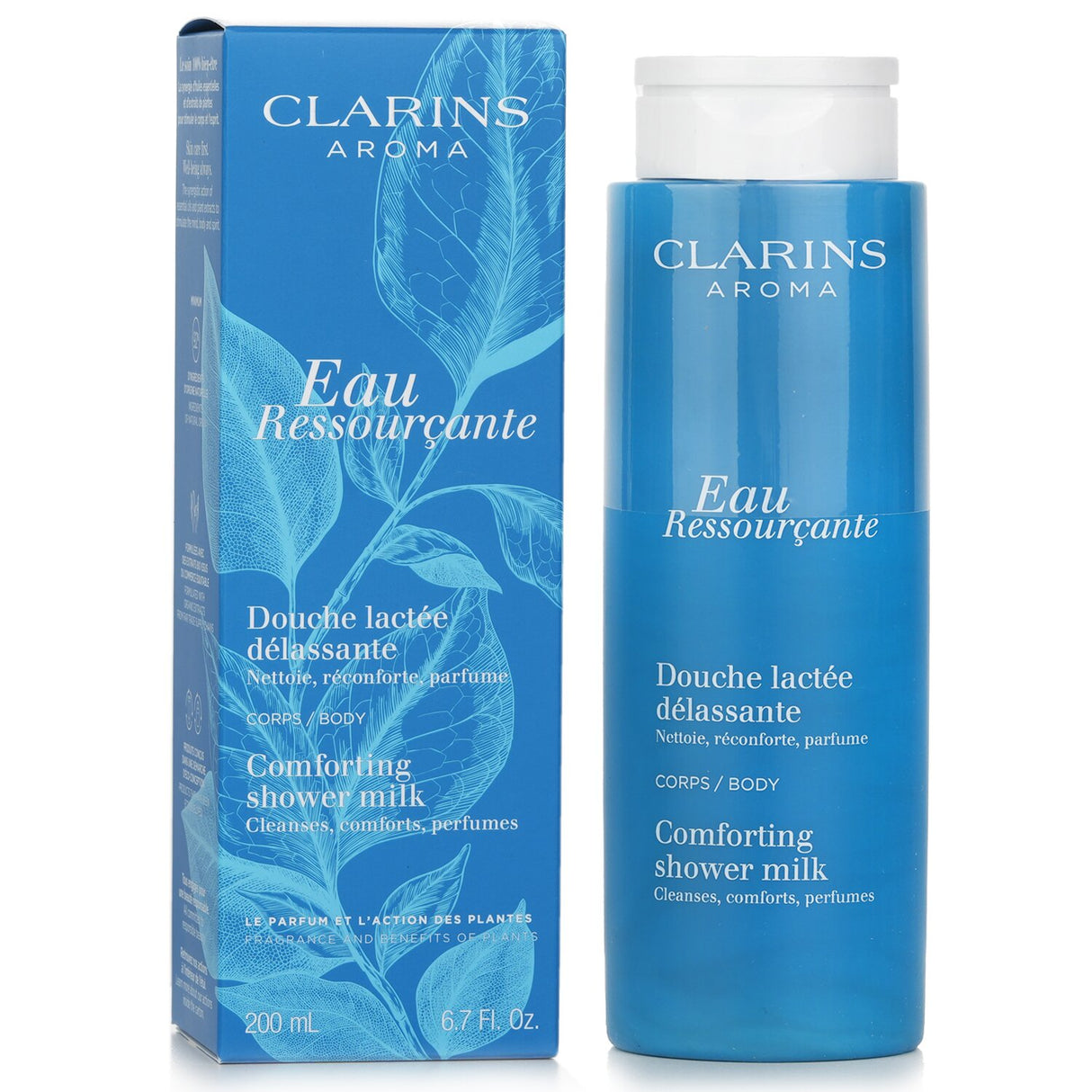 Clarins Eau Ressourcante Comforting Shower Milk in 200ml, enriched with natural ingredients for gentle cleansing and hydration.