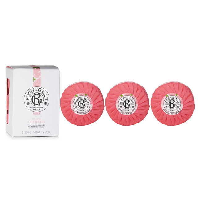 Luxurious Roger & Gallet Fig Blossom Soaps Coffret featuring three 100g bars with a refreshing fig blossom fragrance.