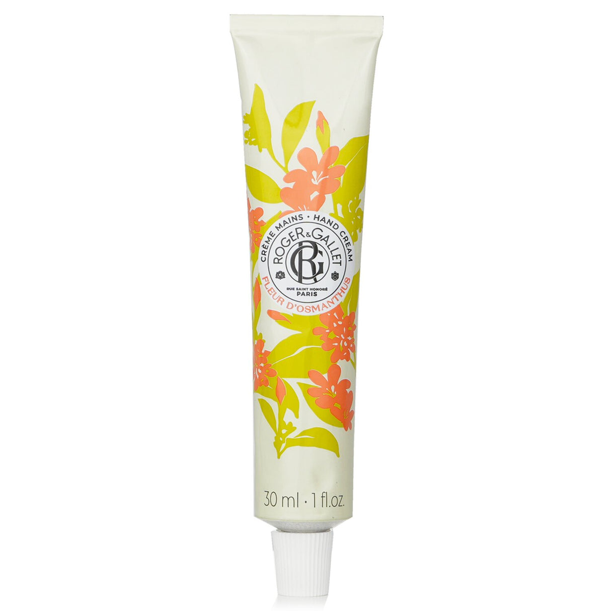 Roger & Gallet Fleur D'Osmanthus Hand Cream in a 30ml tube, offering moisturizing luxury with a delicate osmanthus scent.