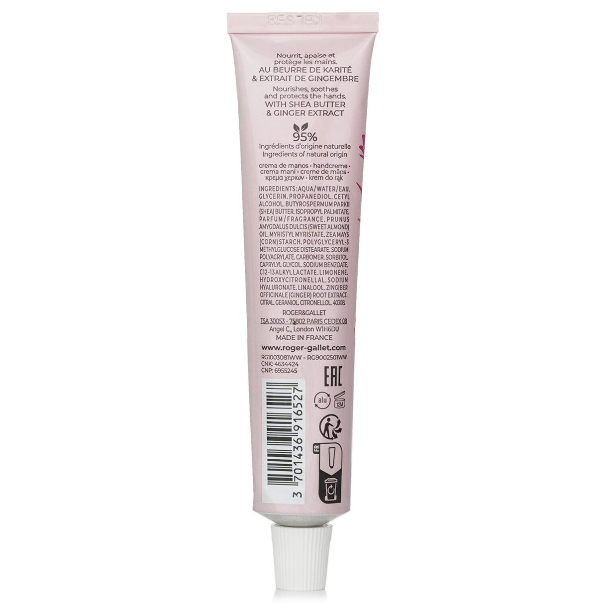 Luxurious 30ml hand cream with ginger essence, hydrates, revitalizes, and leaves hands silky smooth and fragrant.