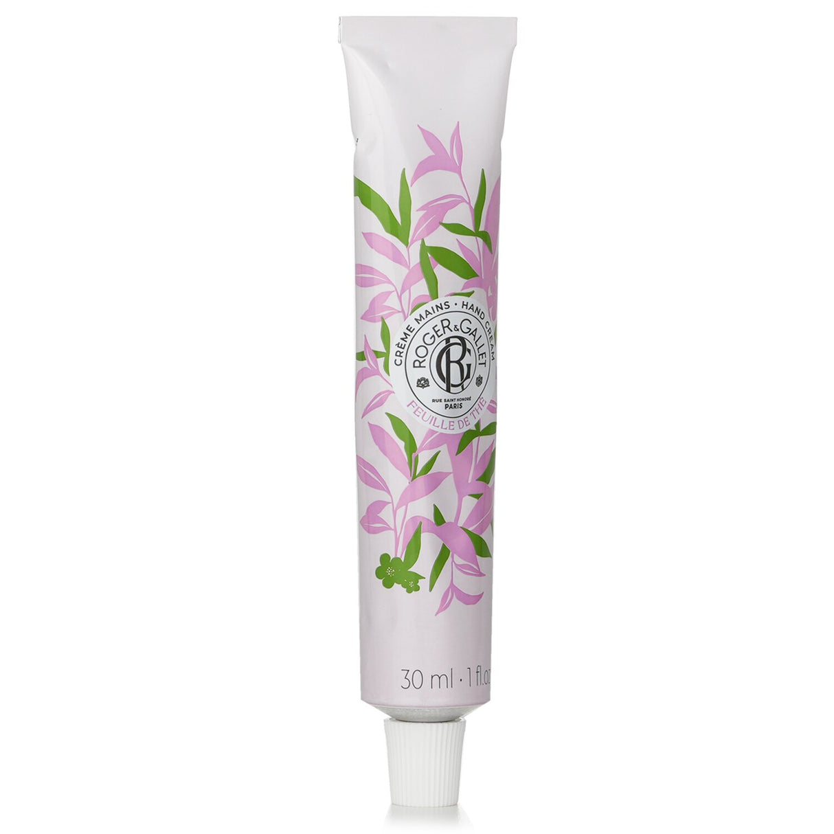 Roger & Gallet Feuille De The Hand Cream in elegant packaging, 30ml, offers hydration and a soothing green tea scent.