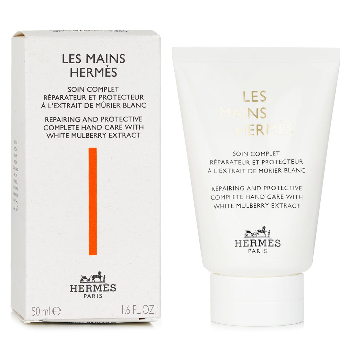 Luxurious Hermes hand cream with white mulberry extract, hydrating and protecting for revitalized, soft hands.