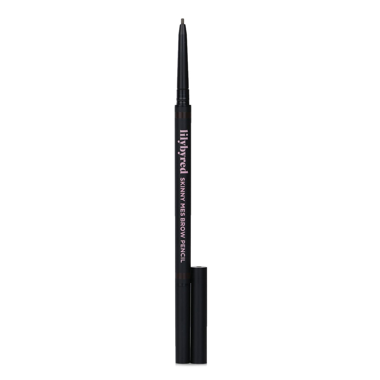 Lilybyred Skinny Mes Brow Pencil in #03 Dark Brown, featuring a fine tip for precise application and a spiral brush for blending.