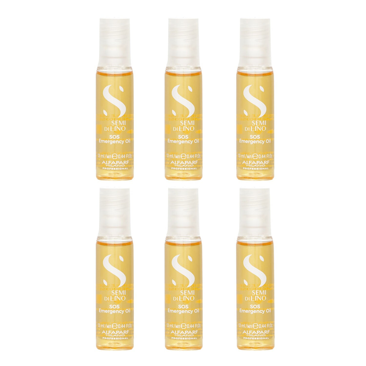 AlfaParf Semi Di Lino Reconstruction SOS Oil in six vials rejuvenates and protects damaged hair for silky, radiant results.