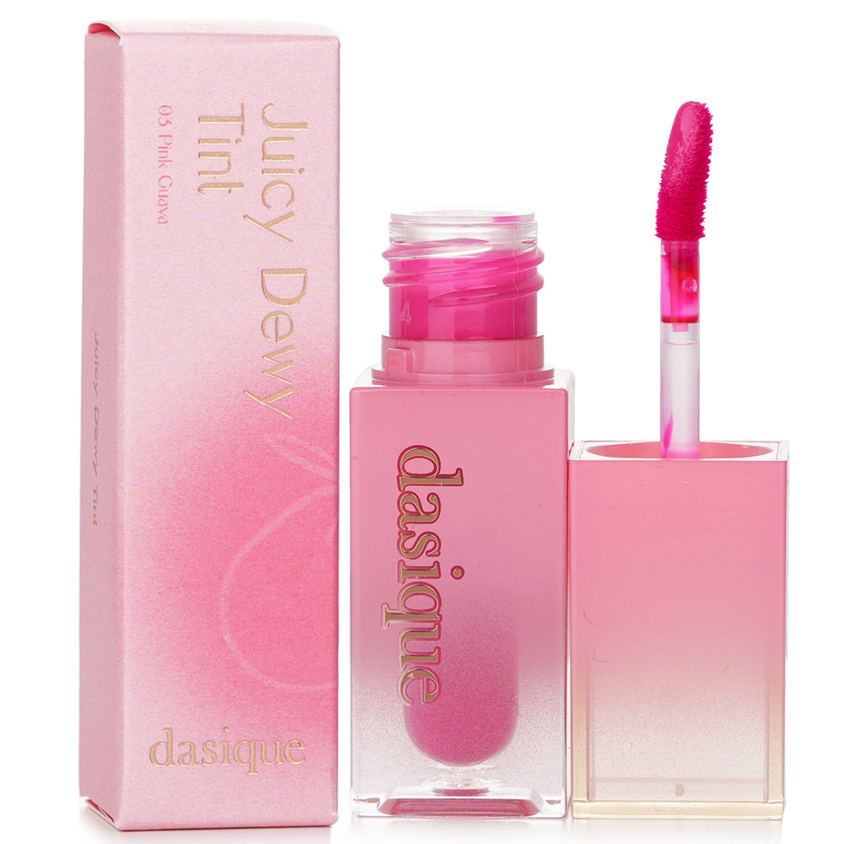 Dasique Juicy Dewy Tint #03 Pink Guava showcasing vibrant color, hydrating texture, and a radiant shine for kissable lips.