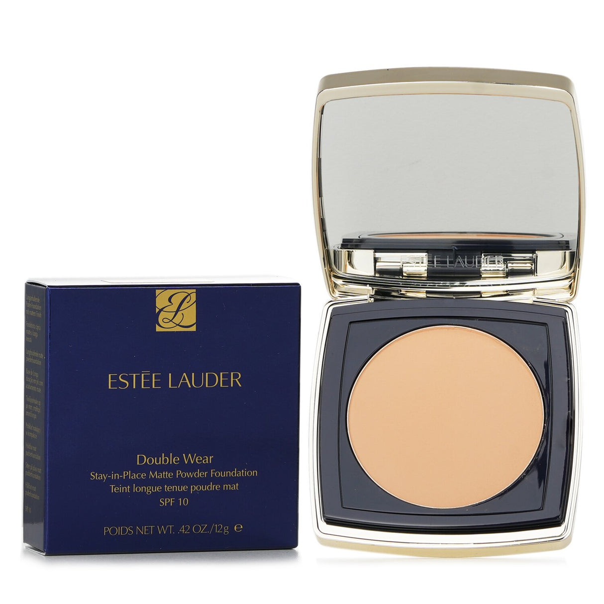 Estee Lauder Double Wear Matte Powder Foundation SPF10 in #3N2 Wheat, offering lightweight, customizable coverage with a matte finish.